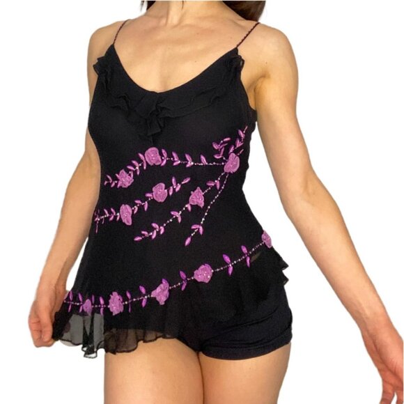 Black and purple silk embellished fairy tank top - Picture 1 of 5